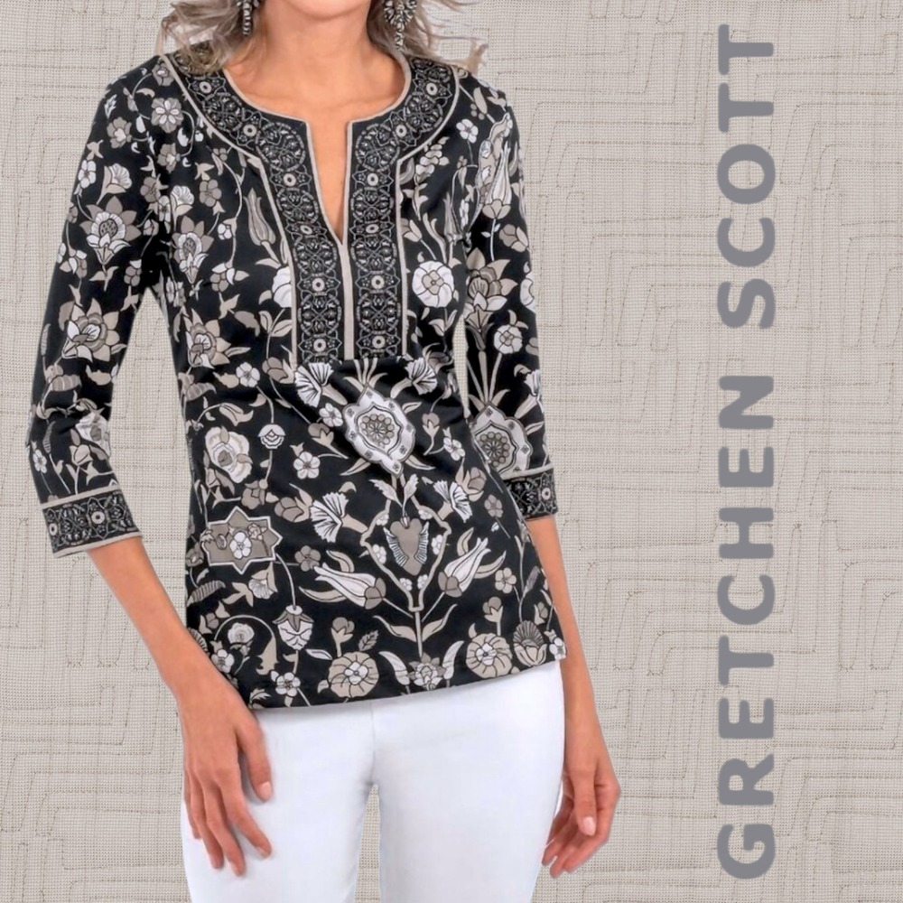 Gretchen Scott Womens Topkapi Floral Damask Split Neck Tunic Top Black & Tan S